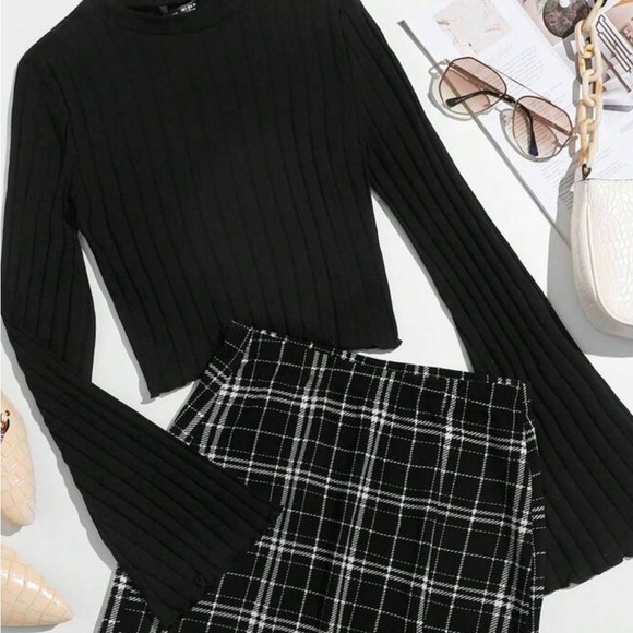 NWOT Black Ribbed Top and Plaid Skirt Set Size M - Picture 2 of 5